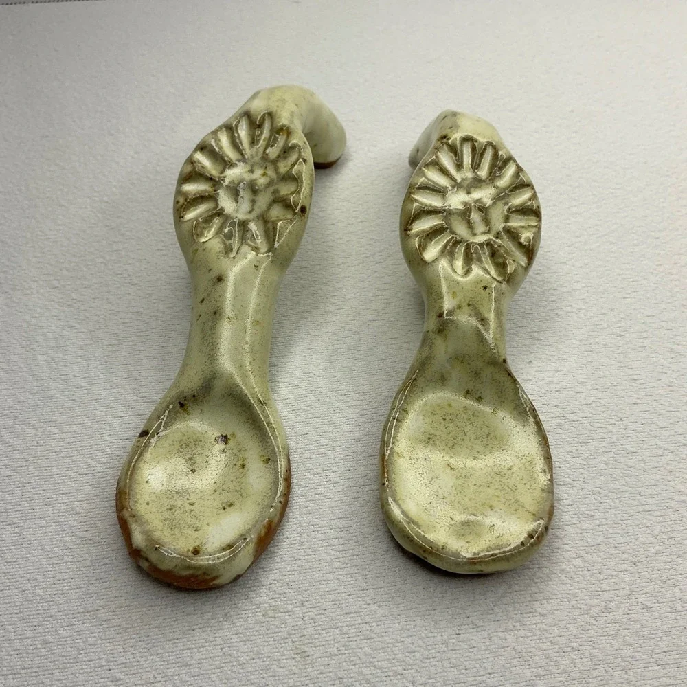 Handmade Studio Pottery Ceramic Spice‎ Spoons Set of 2 Sun Motif Cream Glaze 6in